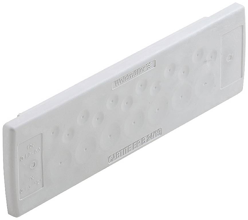 Ein weißer Kabeldurchführungseinsatz von Weidmüller, Modell CABTITE KEL-SNAP. Enthält mehrere vorgeformte Aussparungen für Kabel.