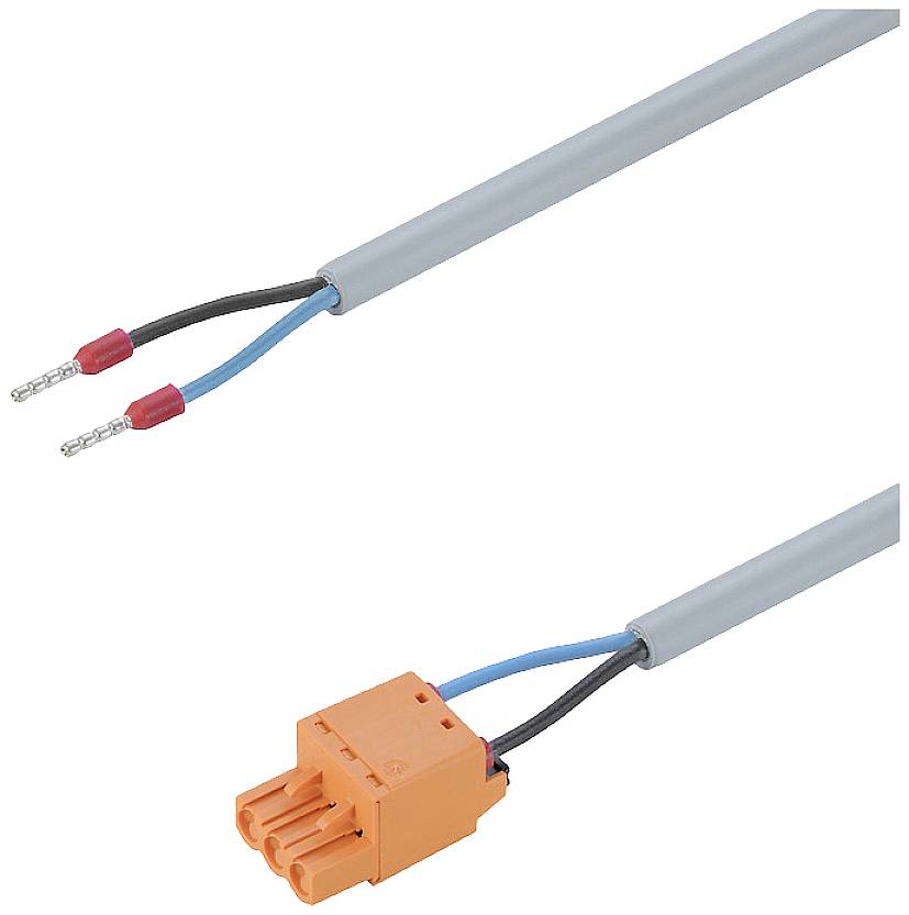 Ein graues Kabel mit blauen und schwarzen Adern, das mit einem orangefarbenen Steckverbinder endet. Geeignet für elektrische Verbindungen.