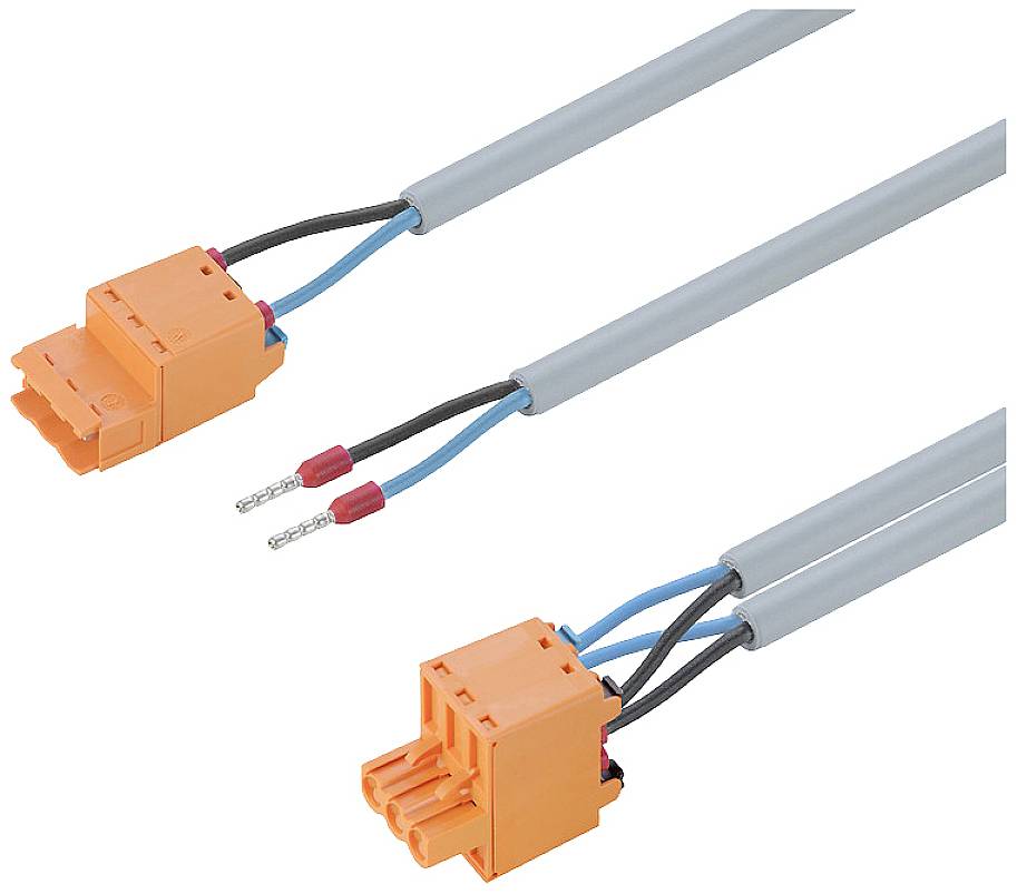 Zwei graue Elektrokabel mit orangenen Steckern und schwarzen, blauen und roten Drähten, die bereit zum Verbinden sind.