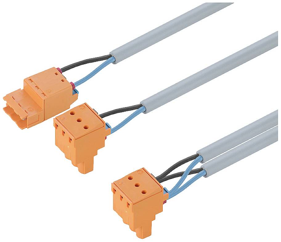 Zwei orange Steckverbinder mit grauen Kabeln, dreiadrig, zeigen Anschlussmöglichkeiten in industrieller Elektroinstallation.