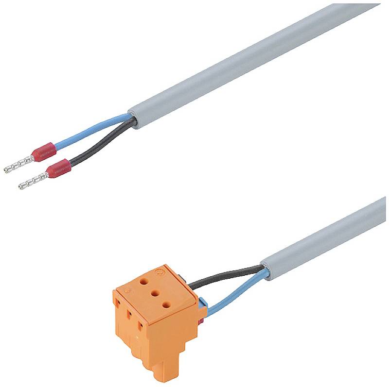 Ein graues Kabel mit blauen und schwarzen Innenkabeln ist an einem orangefarbenen Kunststoffstecker mit drei Löchern verbunden.