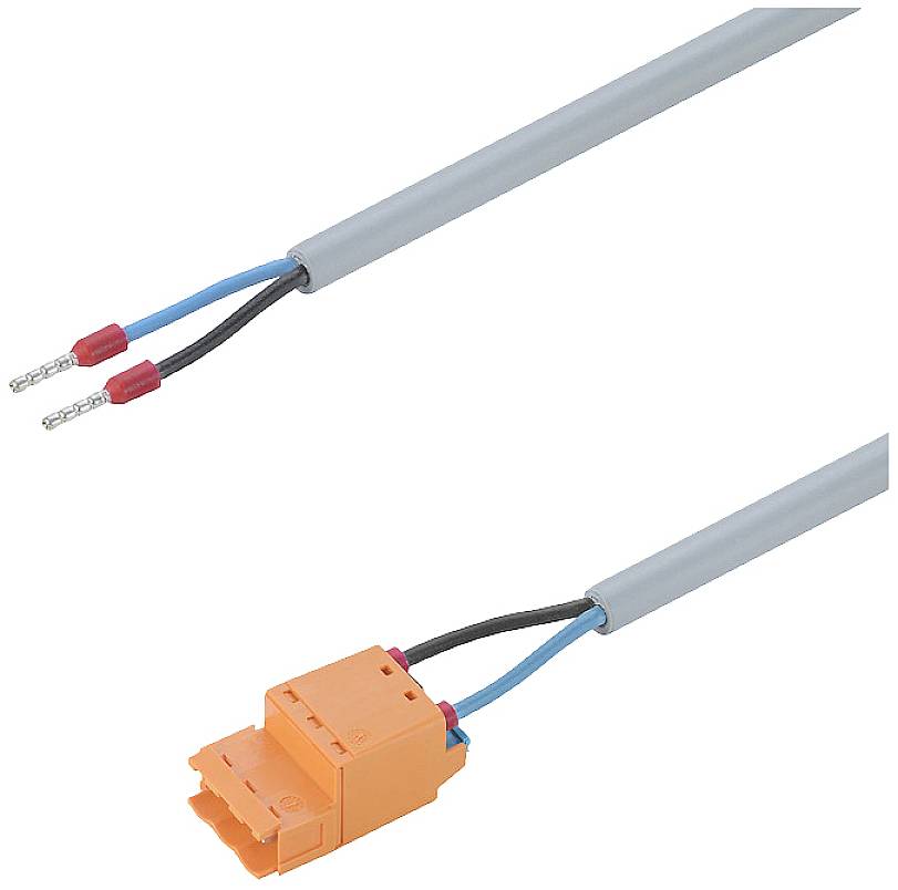 Zwei graue Kabel mit roten und blauen Aderenden. Das obere Kabel hat offene Enden, das untere endet in einem orangenen Stecker.