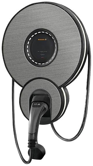 Ein Ladegerät für Elektrofahrzeuge mit kreisförmigem Design und Kabelaufwicklung.