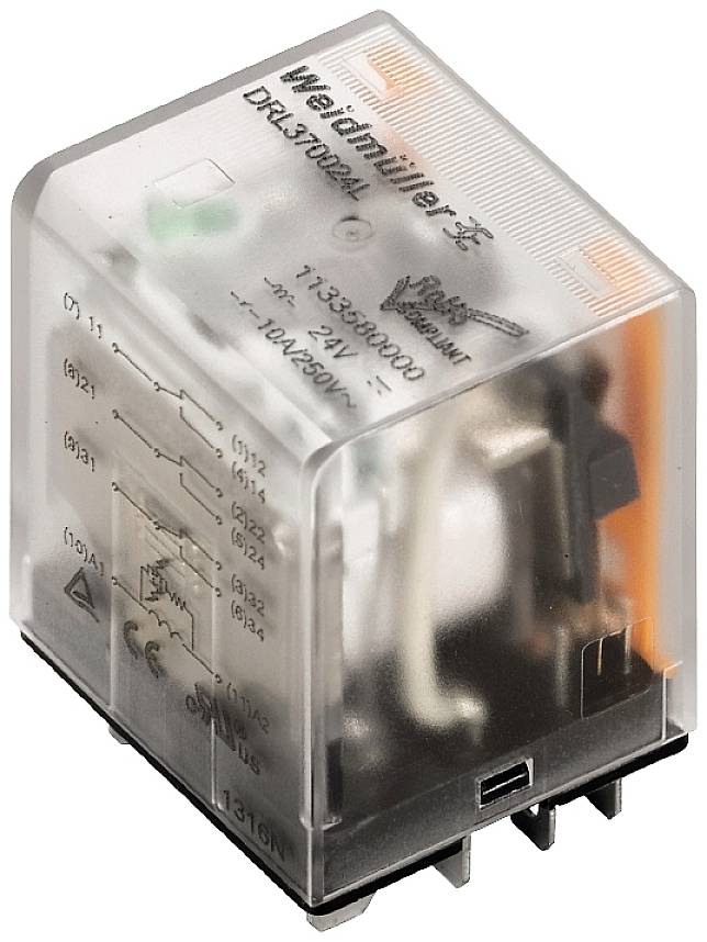 Ein durchsichtiges elektrisches Relais mit Beschriftungen, das auf einer schwarzen Basis montiert ist.