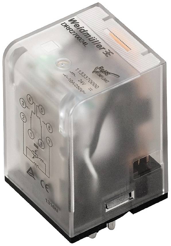 Ein Transparentes Elektromagnetisches Relais mit markiertem Schaltplan- und Leistungsangaben auf der Oberfläche.