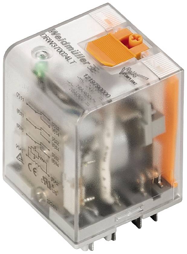 Ein transparentes Relaisgehäuse mit Beschriftung auf der Oberseite, orangener Schalthebel oben, sichtbare interne Komponenten.