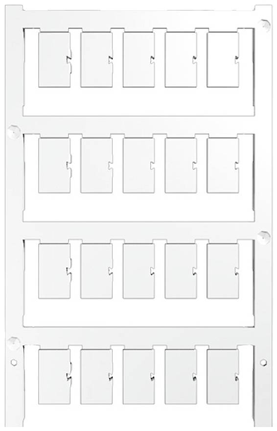 Ein weißer Kunststoffrahmen mit vier Reihen rechteckiger Aussparungen für Modularklammern, verwendet in Netzwerkschränken oder Patchpanels.