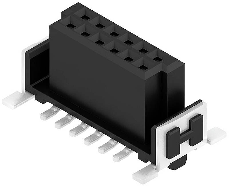 Ein schwarzer elektrischer Steckverbinder mit mehreren Pins, geeignet zum Einstecken auf eine Leiterplatte.