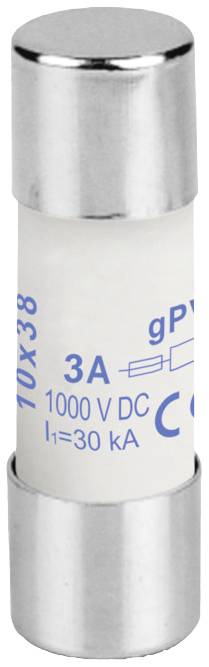 Eine elektrische Sicherung mit der Aufschrift '3A, 1000V DC, 30kA'. Weißer Zylinder mit Metallkappen an beiden Enden.