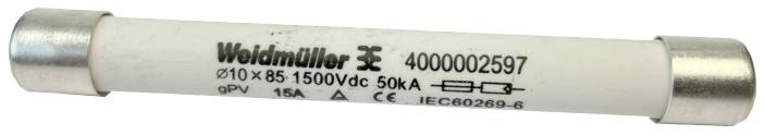 Sicherung mit Beschriftung 'Weidmüller 4000002597, 210 x 85, 1500Vdc, 50kA, gPV, 15A, IEC60269-6', zeigt Spezifikationen und Standards.
