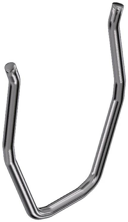 Ein silberfarbener Metallbügel, gebogen mit abgerundeten Enden, liegt auf einem weißen Hintergrund.