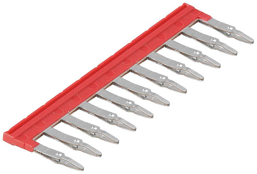 Grauer Sammelschienenanschlussblock mit zehn Metallzinken, die in einer roten Kunststoffleiste eingebettet sind.