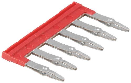 Ein roter Stift mit fünf flachen Metallzungen, die zur Verwendung in einer elektrischen Schaltung angereiht sind.