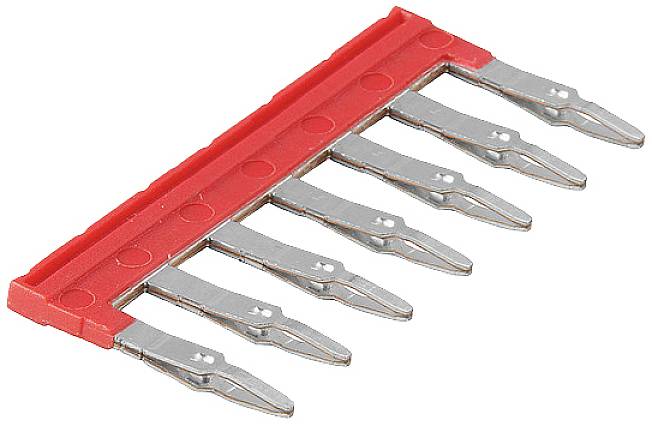 Ein roter Brückenkamm mit sechs Metallkontakten, verwendet zur Verbindung von elektrischen Komponenten in einer Klemmenleiste.