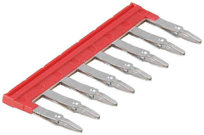 Ein roter Steckbrückenblock mit acht Metallpins, die zur Verbindung von elektrischen Kontakten in einem Anschlussblock verwendet werden.