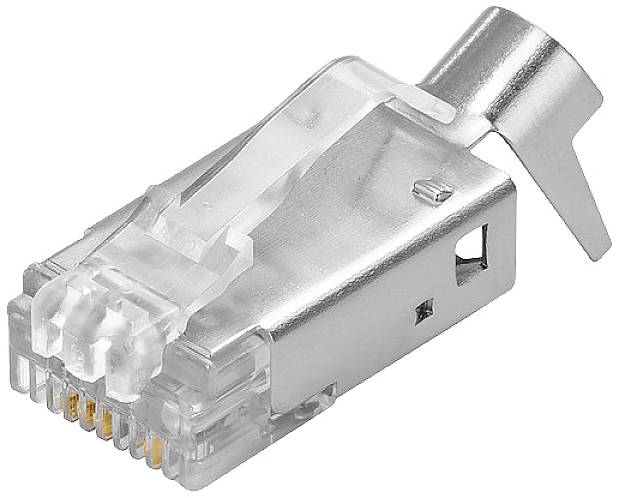 Ein silberner RJ45-Stecker mit transparentem Kunststoffgehäuse. Verwendet für Ethernet-Verbindungen in Netzwerken.