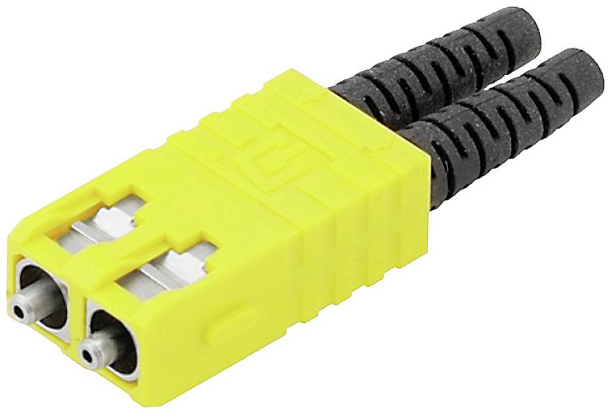Gelber SC-Duplex-Stecker mit zwei schwarzen Schutzkappen an den Enden, verwendet für Glasfaserkabelverbindungen.