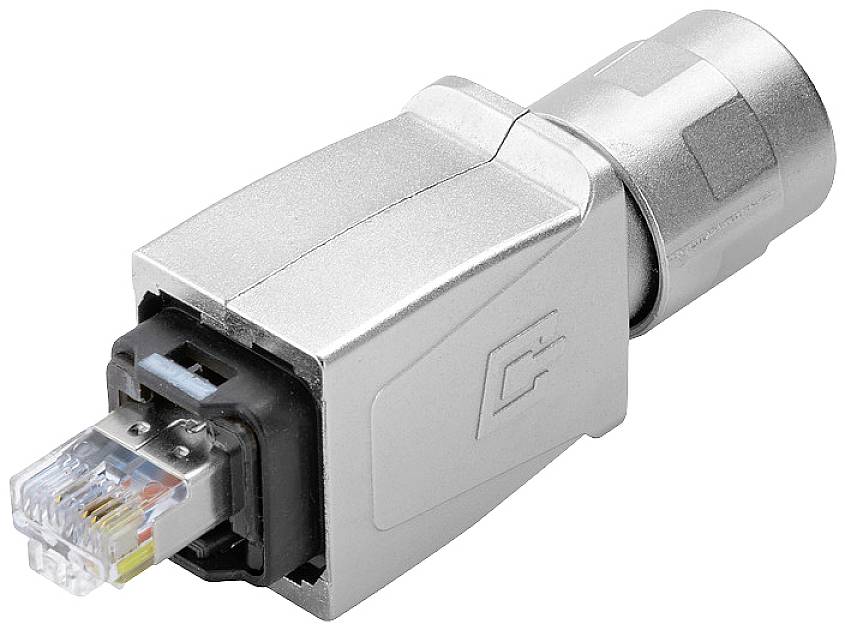 Ein silbernes Ethernet-Steckverbindergehäuse mit einem RJ45-Anschluss vorne, verwendet für Netzwerkverbindungen.