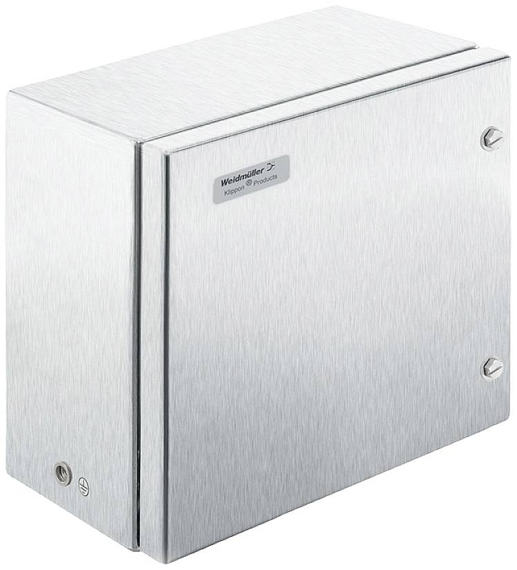 Ein rechteckiger, metallischer Schaltschrank mit einem glatten, gebürsteten Finish, zwei sichtbaren Schrauben und einem Herstellerlogo auf der Vorderseite.