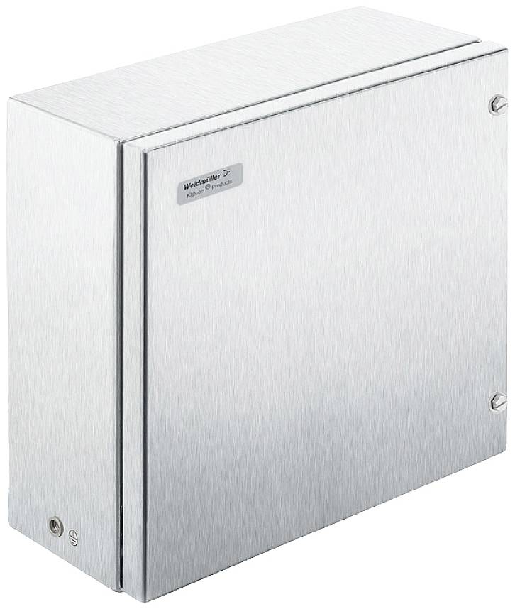 Metallschaltschrank mit abgerundeten Ecken und einem Herstellerschild.