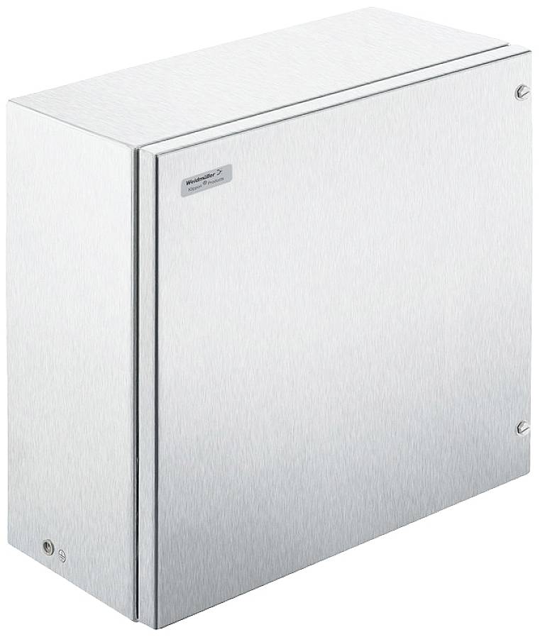 Metallischer Schaltschrank in rechteckiger Form, mit einer Kante sichtbar, graue Oberfläche, keine sichtbaren Markierungen oder Details.