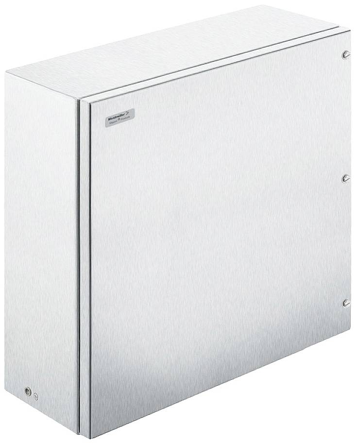 Metallener Schaltkasten mit glatter Oberfläche und seitlichen Schrauben. Geeignet für industrielle Anwendungen oder Elektroinstallationen.