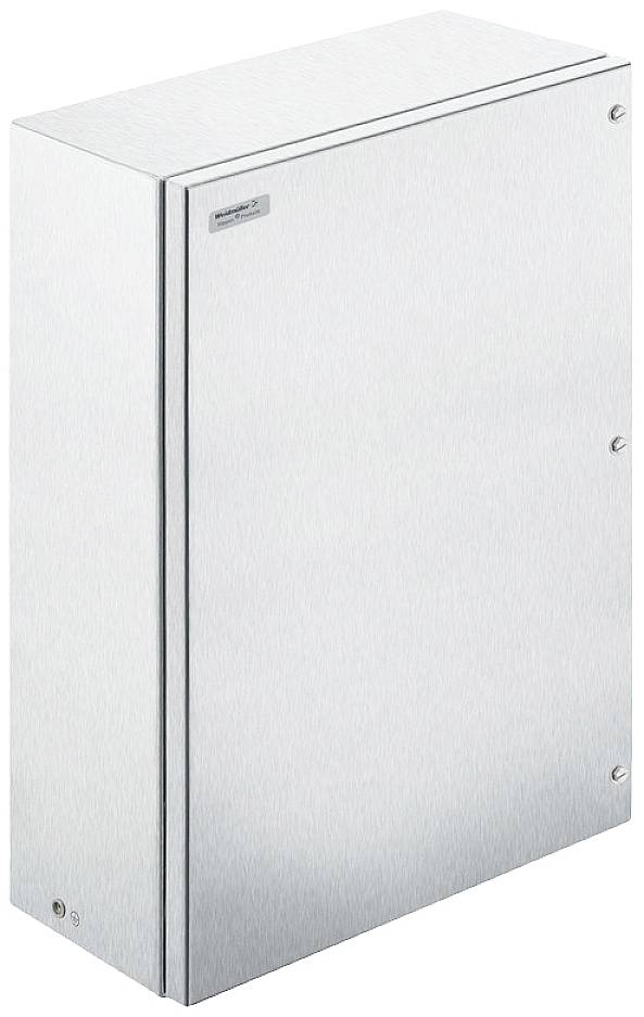 Metallschrank mit glatter Oberfläche und silbernem Finish. Rechteckige Form mit kleinen sichtbaren Schrauben an der Vorderseite.