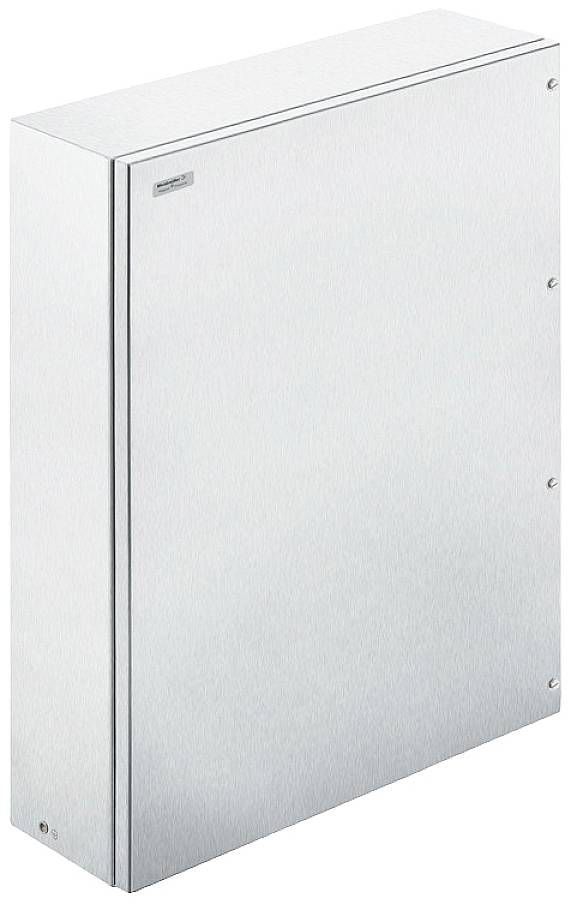 Metallschrank mit rechteckiger Form und vier Schrauben an der Seite. Oberfläche ist glatt und silbern.