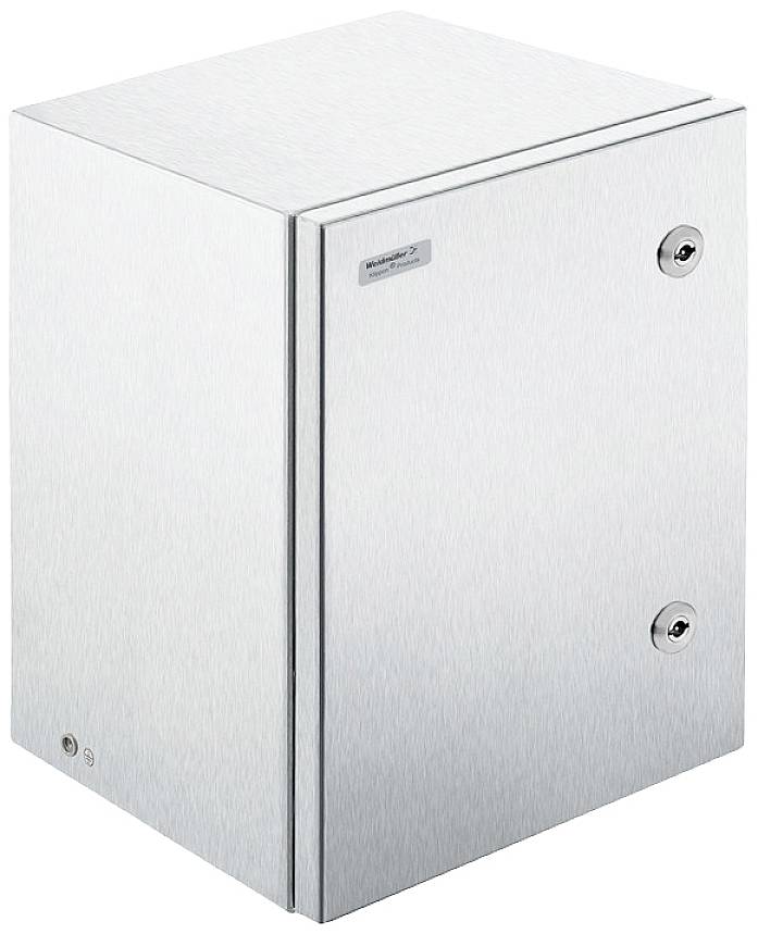 Ein Edelstahl-Schrank mit Vorder- und Seitenansicht. Ausgestattet mit zwei Schlössern für Sicherheit und einer glatten, glänzenden Oberfläche.