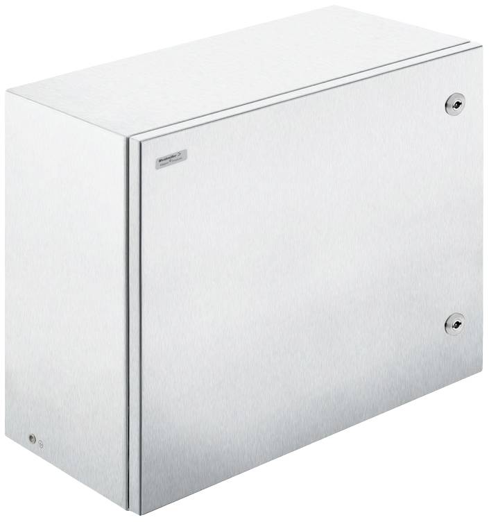 Metallschrank mit zwei sichtbaren Schlössern. Oberfläche in Edelstahl, rechteckige Form. Geeignet für industrielle Anwendungen.