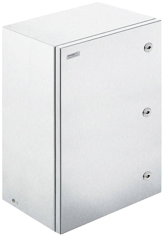 Metallischer Sicherungskasten in silberner Farbe mit drei runden Verschlüssen auf der Vorderseite. Ideal für industrielle Anwendungen.