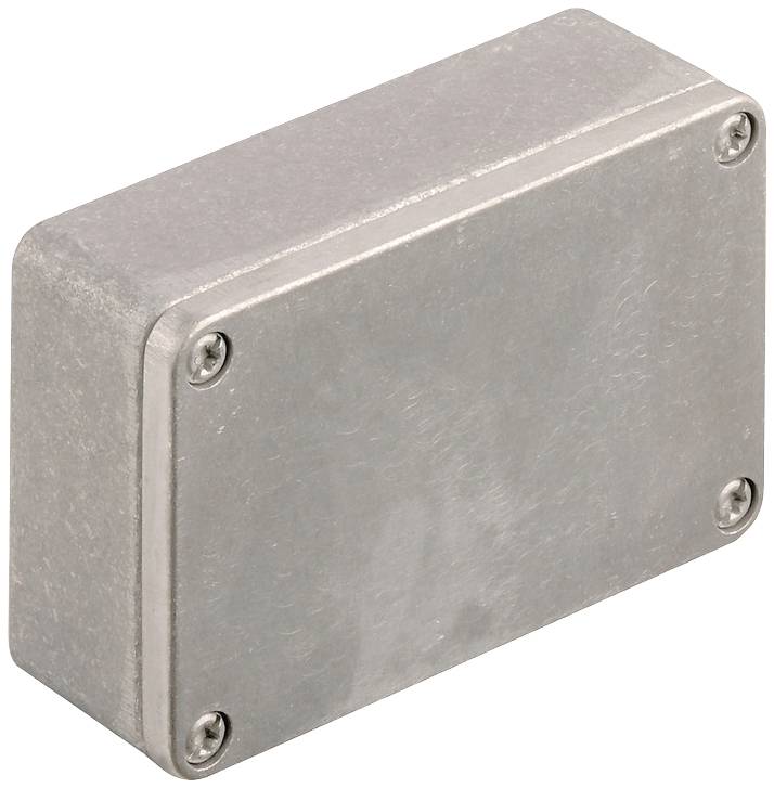 Silberne rechteckige Metallbox mit abgerundeten Ecken und vier Schrauben an den Ecken.