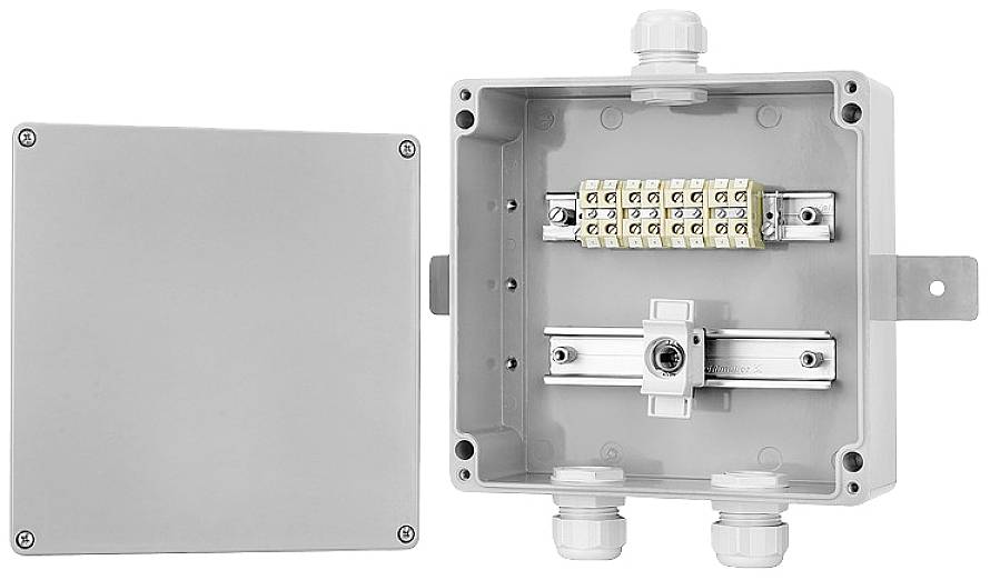Gehäuse mit abgenommenem Deckel zeigt eine Klemmleiste für elektrische Anschlüsse und zwei Kabeleinführungen an der Unterseite.