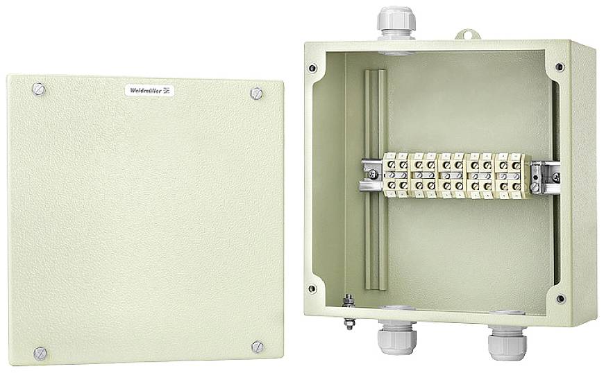 Geöffnetes graues Elektrokasten mit Klemmenblock innen, Abdeckplatte daneben. Geeignet für Elektronikinstallation und Verkabelung.
