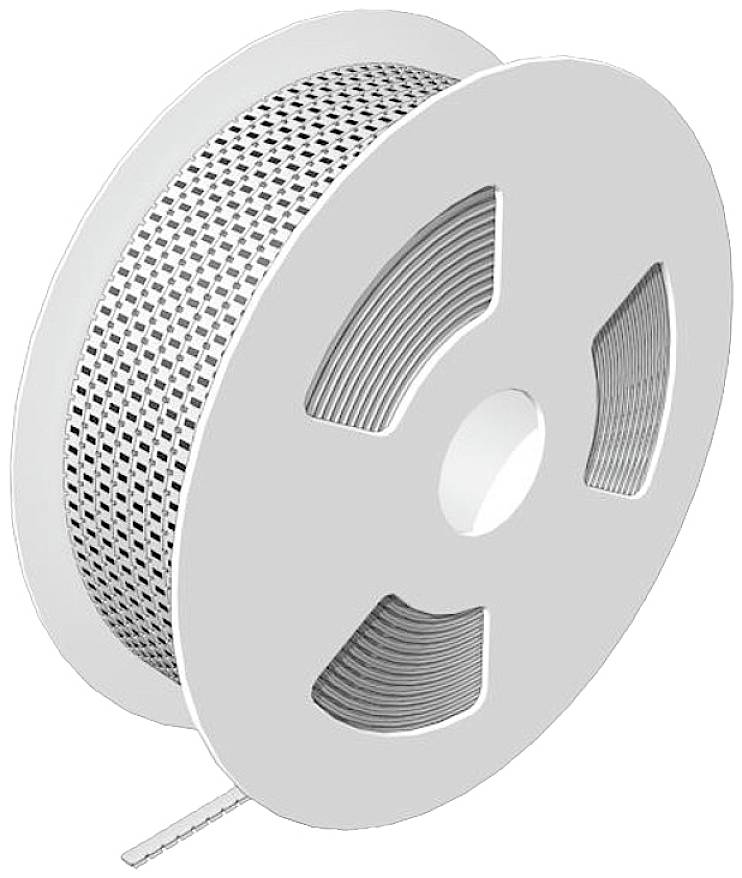 Eine Spule mit perforiertem Band aus Metall, seitlich abgebildet.