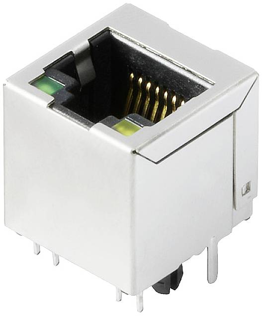 Ein silberner RJ45-Netzwerkanschluss mit goldfarbenen Kontakten und mehreren Pins, verwendet für Ethernet-Verbindungen in Geräten.