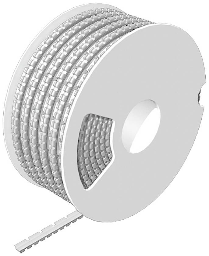 Eine Spule mit einem flexiblen, gezahnten Metallband, das zur Fixierung von Rohren oder Kabeln verwendet werden kann.