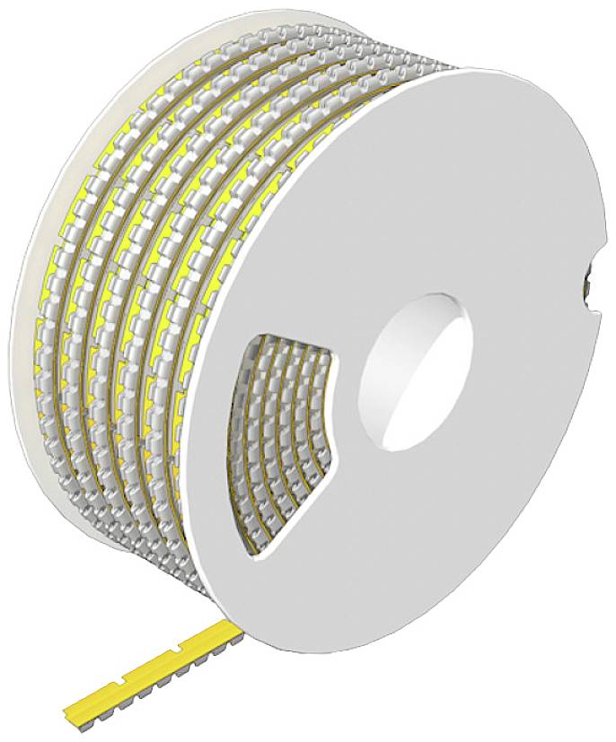 Eine weiße runde Plastikspule mit gelb leuchtendem LED-Streifen, eng aufgerollt, sichtbar durch seitliche Öffnungen der Spule.