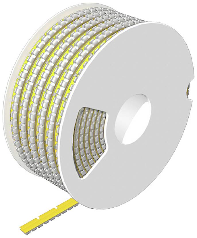 Kunststoffspule mit mehreren Lagen gelber Streifen, die kleine, gleichmäßig verteilte Rechtecke enthalten, vermutlich elektronische Bauteile.