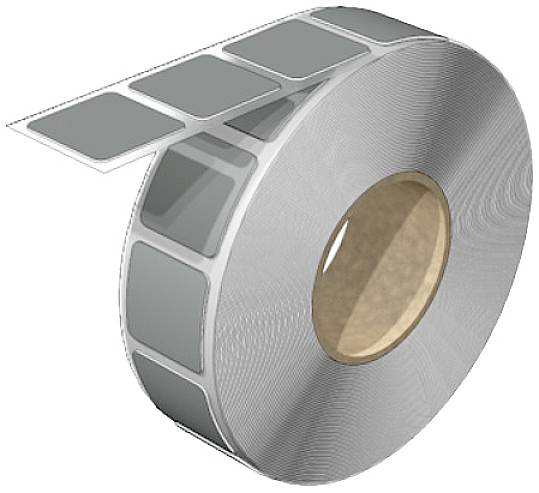 Rolle mit silbernen Metallaufklebern, teilweise abgezogen, auf einem braunen Pappkern. Aufkleber reflektieren das Licht.