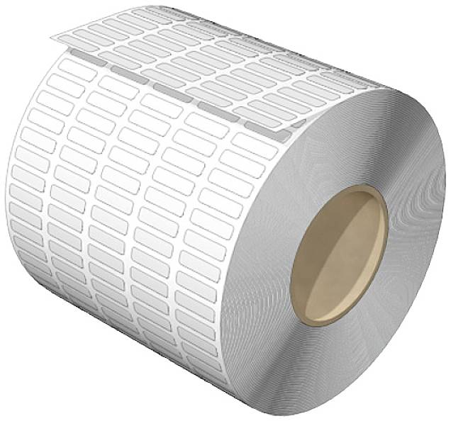 Rolle mit weißen Etiketten, gestanzt in rechteckige Form, auf Spule gewickelt. Ideal für Beschriftung oder Kennzeichnung.