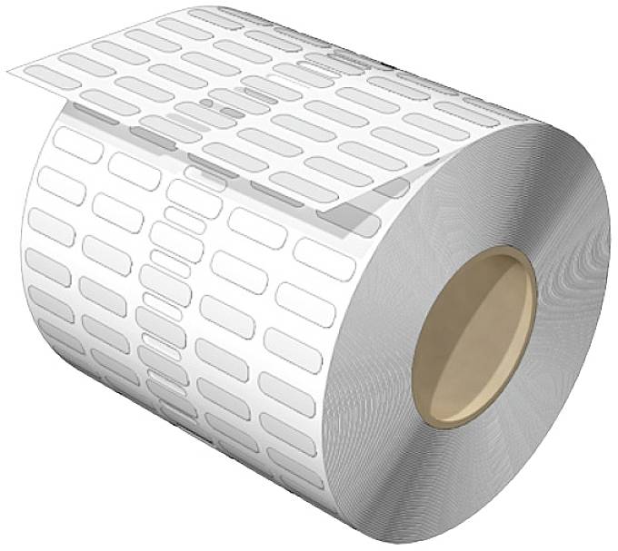 Rolle mit rechteckigen Etiketten auf einem Trägermaterial, teilweise abgezogen.