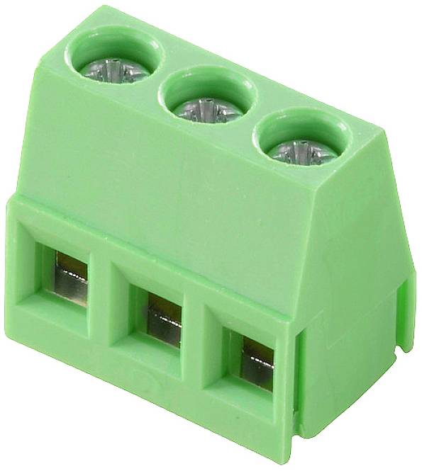 Grüner, dreipoliger Steckverbinder, geeignet für elektrische Verbindungen, Ansicht von schräg oben.