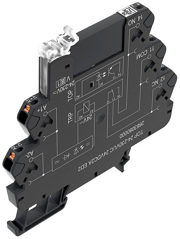 Schwarzes Relaismodul mit klaren Anschlussmarkierungen und Diagrammen für elektrische Verbindungen und Spannungsspezifikationen.