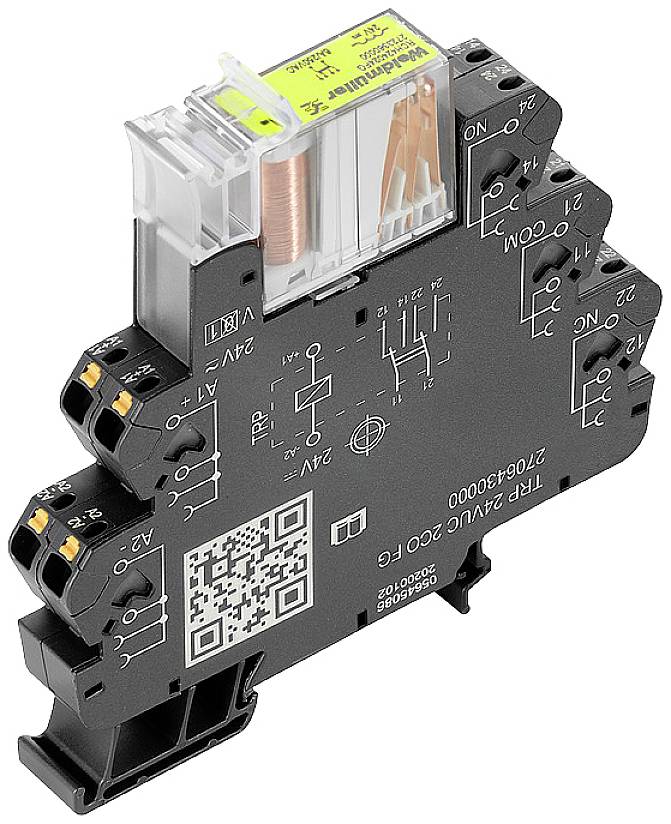 Schwarzes Relaismodul mit durchsichtigem gelbem Gehäuse oben. Weiße Aufschriften zeigen elektrische Anschlüsse und technischen Text.