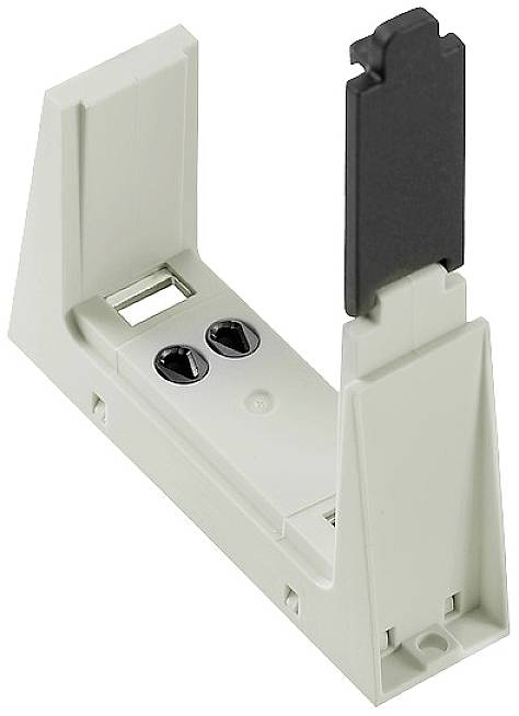 Ein weißes, trapezförmiges Kunststoffgehäuse mit schwarzen Details, geeignet für elektrische Installationen oder als Montagesockel.