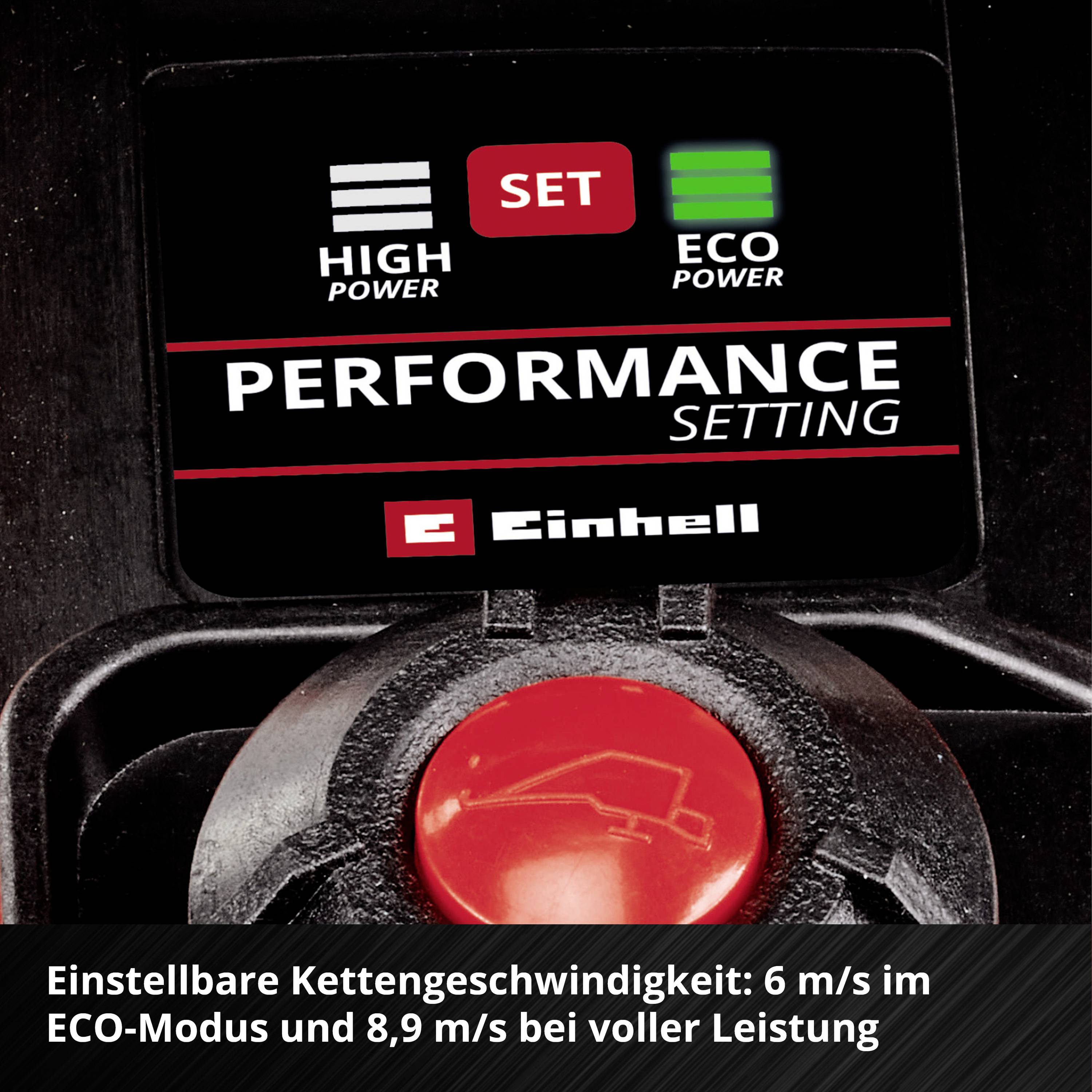 'Performance Setting' Anzeige mit Optionen 'High Power' und 'Eco Power', darunter Text zur einstellbaren Kettengeschwindigkeit.