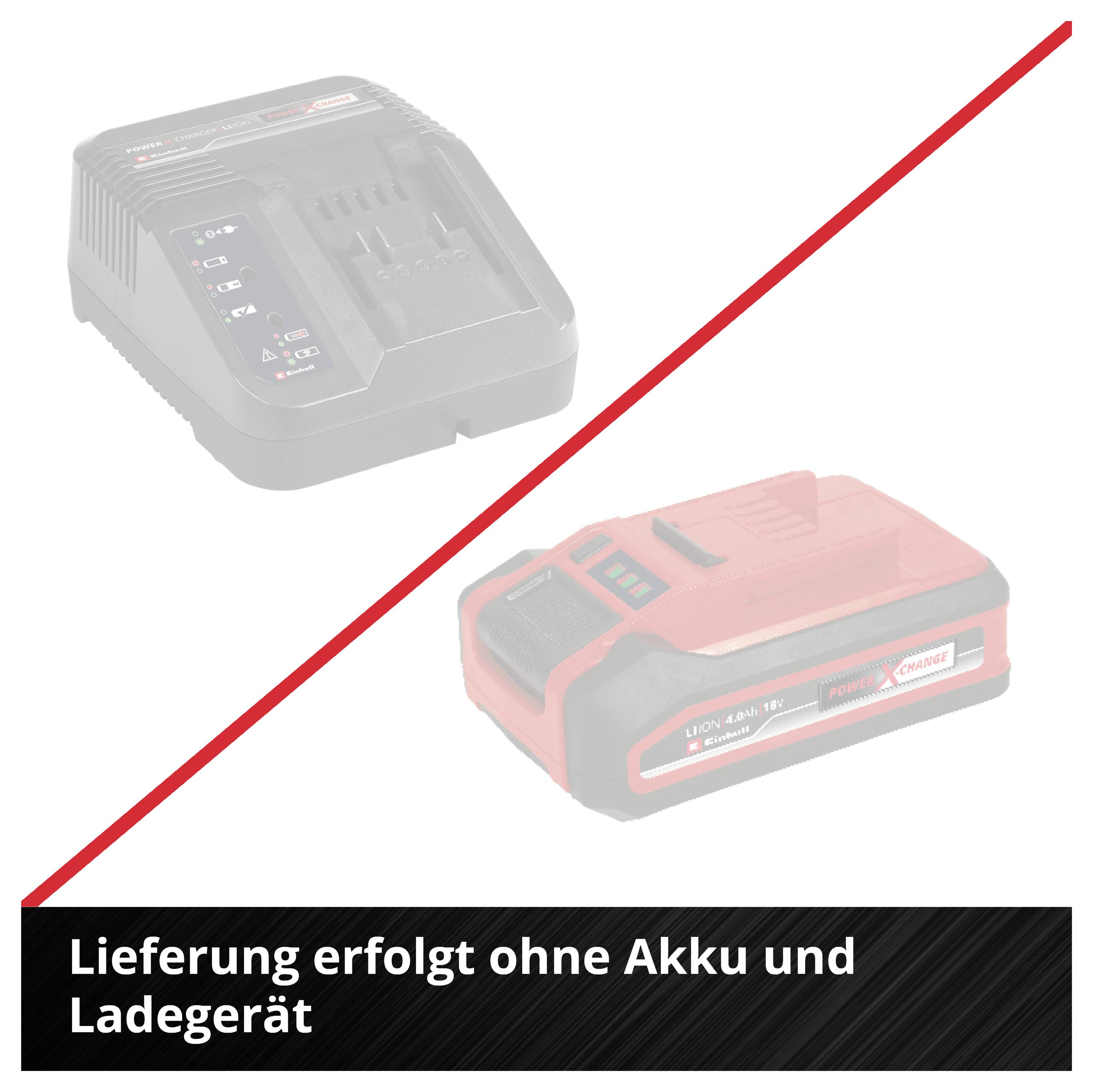 Grafik mit durchgestrichenen Akku und Ladegerät; Hinweis: 'Lieferung erfolgt ohne Akku und Ladegerät'.