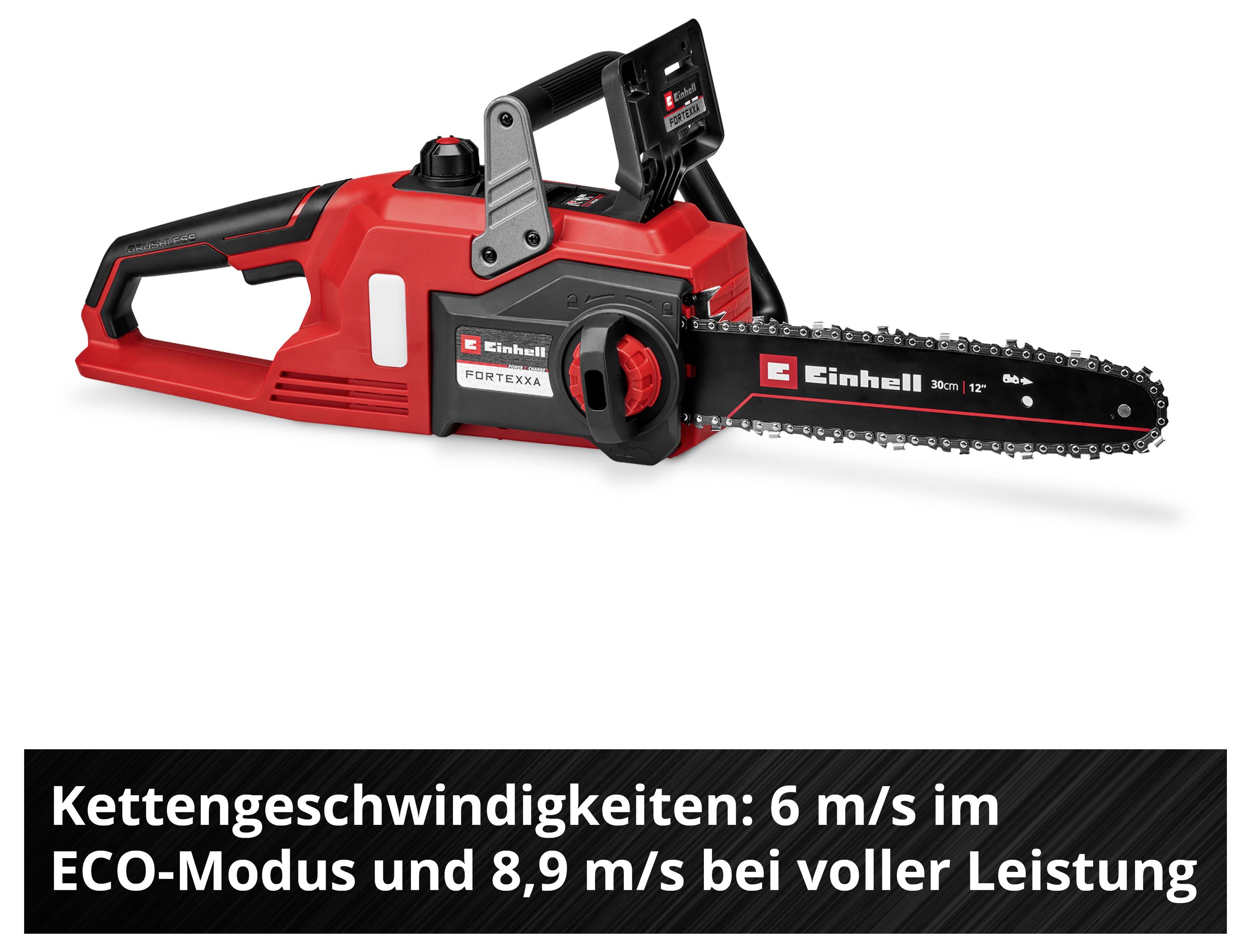 Rote Einhell-Akku-Kettensäge mit schwarzem Schwert; darunter der Hinweis: 'Kettengeschwindigkeiten: 6 m/s im ECO-Modus und 8,9 m/s bei voller Leistung'