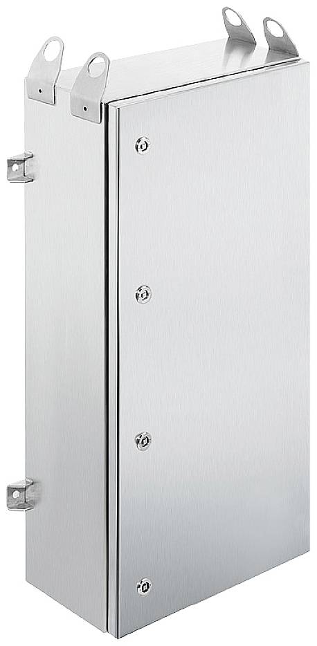 Metallgehäuse mit vier Schrauben an der Vorderseite und Befestigungsösen an den oberen Ecken, für technische Installationen.